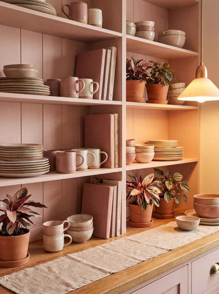 Soft pink built-in kitchen shelving displaying stacks of ceramic dinner plates, matching mugs, potted plants, and cookbooks.
