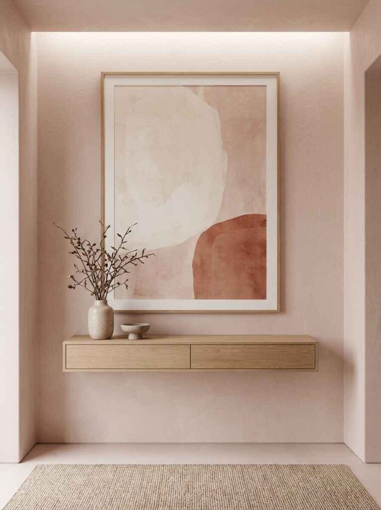 Minimalist entryway niche with a floating wood drawer shelf and an oversized framed terracotta and cream abstract canvas.