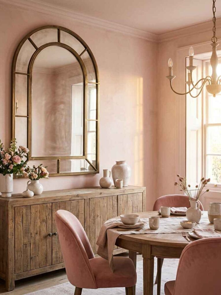 Rustic wood sideboard with a large arched metal grid mirror reflecting natural light in a warm pink dining room.