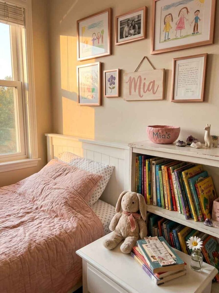 Cozy kids bedroom corner featuring a personalized wooden name sign, framed family photos, children's drawings, and full bookcase.