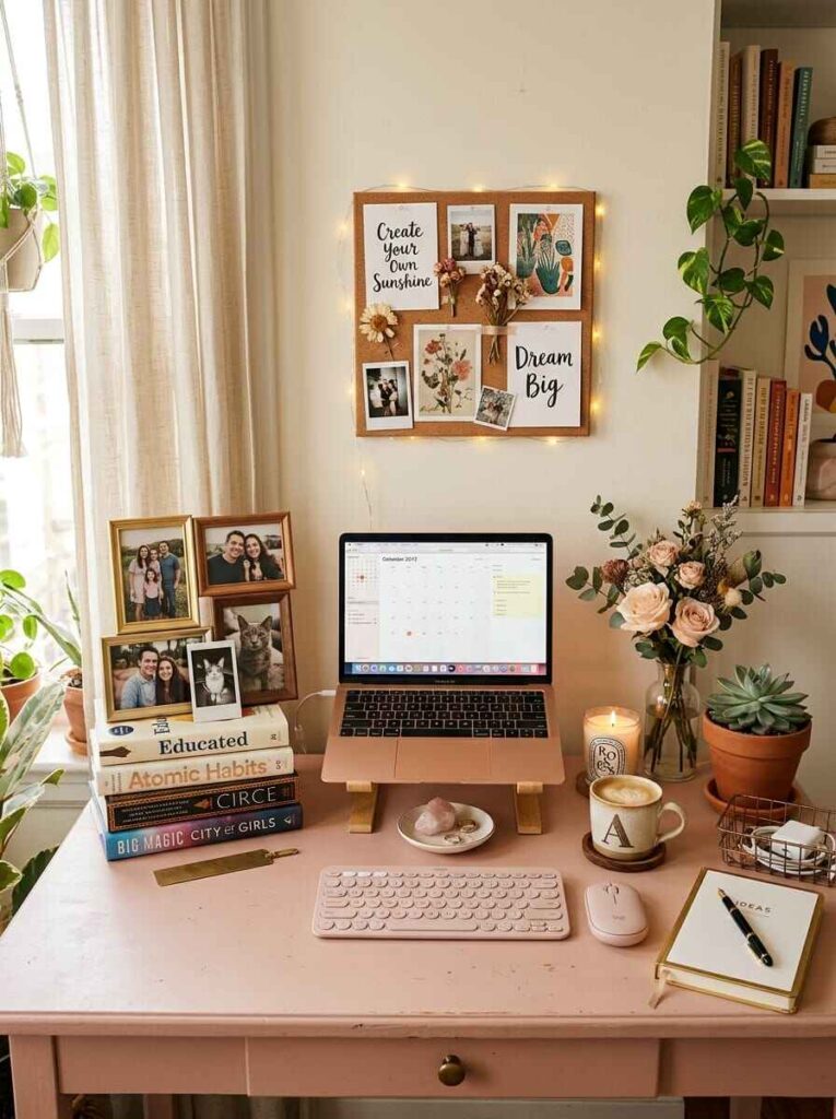 Personalized home office desk with a lit cork board displaying photos and quotes, book stacks, laptop stand, and coffee mug.