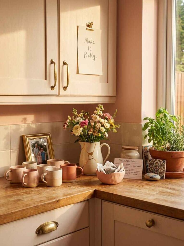 Warm kitchen corner with butcher block counter, handmade ceramic mugs, recipe cards, framed family photo, and wildflowers.