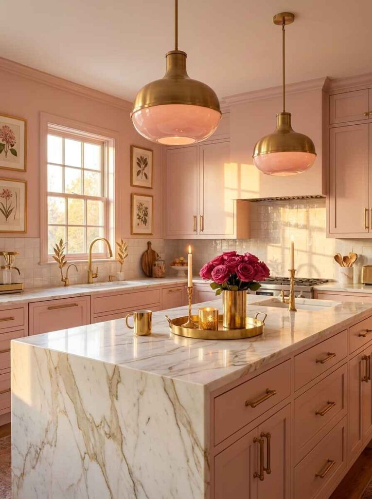 Luxury blush pink kitchen island with gold pendant lights, white marble waterfall counter, brass faucet, and pink roses.