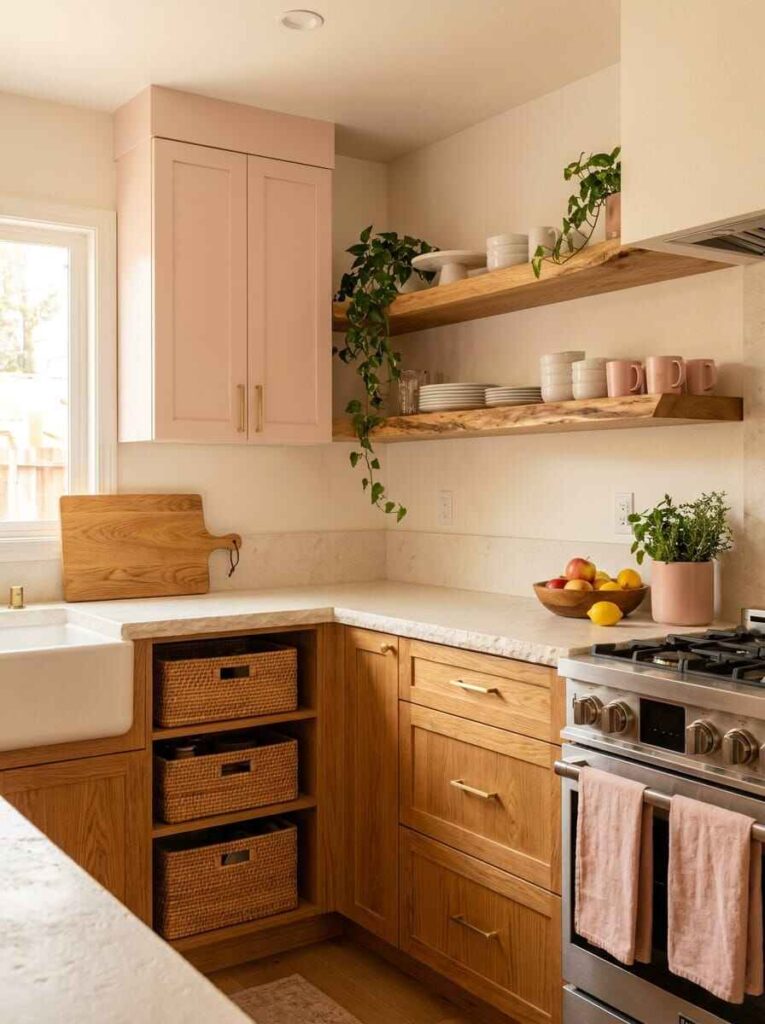 Natural oak lower kitchen cabinets paired with blush pink upper cupboard, live-edge wood open shelves, and pink linen towels.
