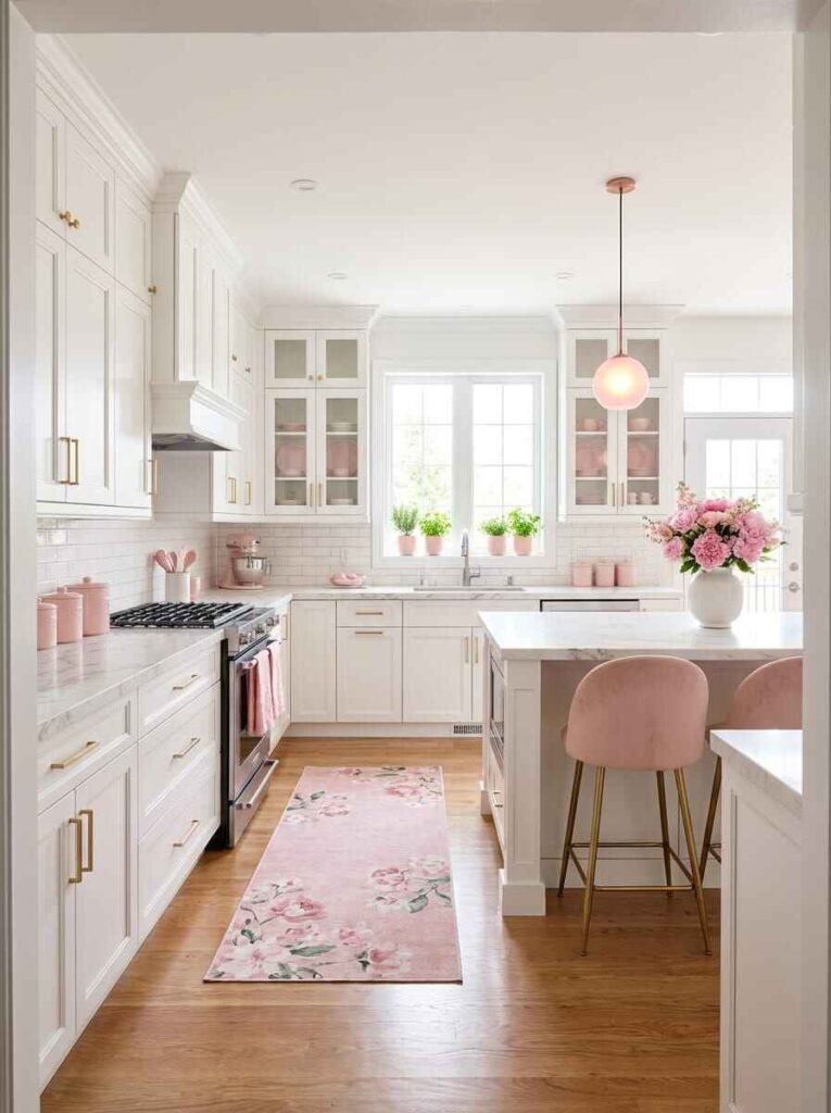 Airy white kitchen with pink runner rug, blush velvet bar stools, pink pendant globe, and pink kitchen canisters.