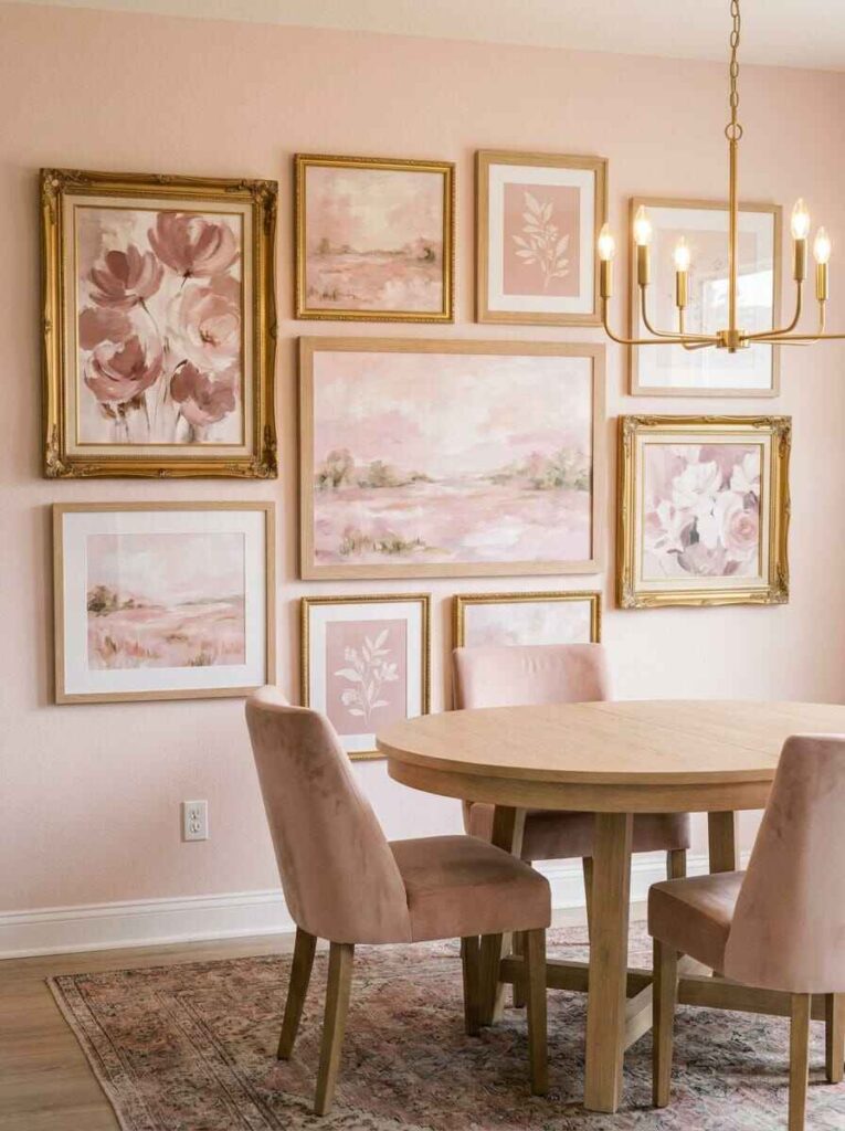 Dining room with round wood table and pink velvet chairs framed by a soft pink floral and landscape artwork gallery wall.