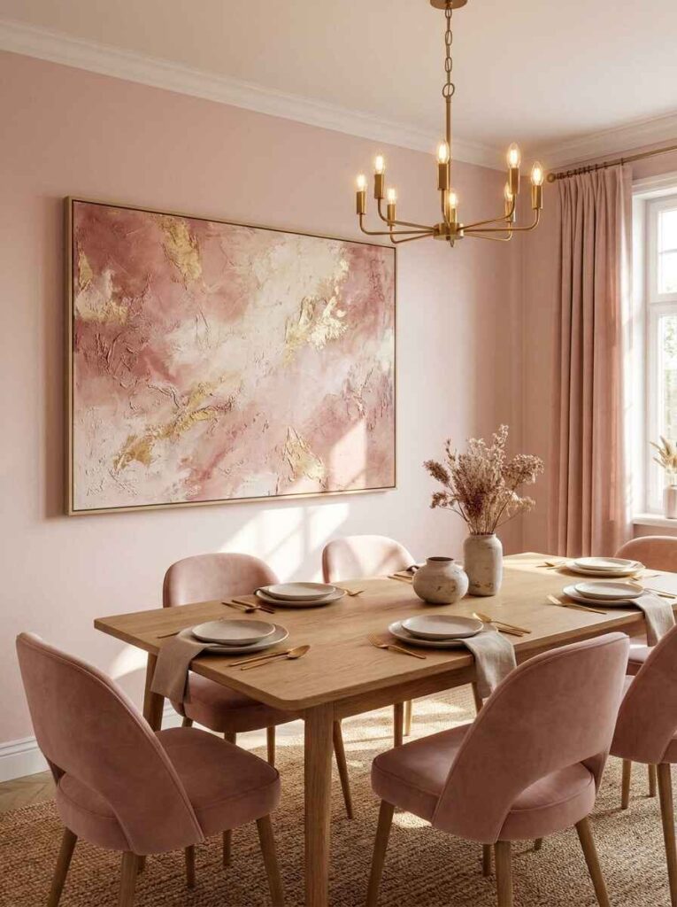 Large blush pink and gold textured abstract canvas artwork mounted above a light wood dining table with pink chairs.