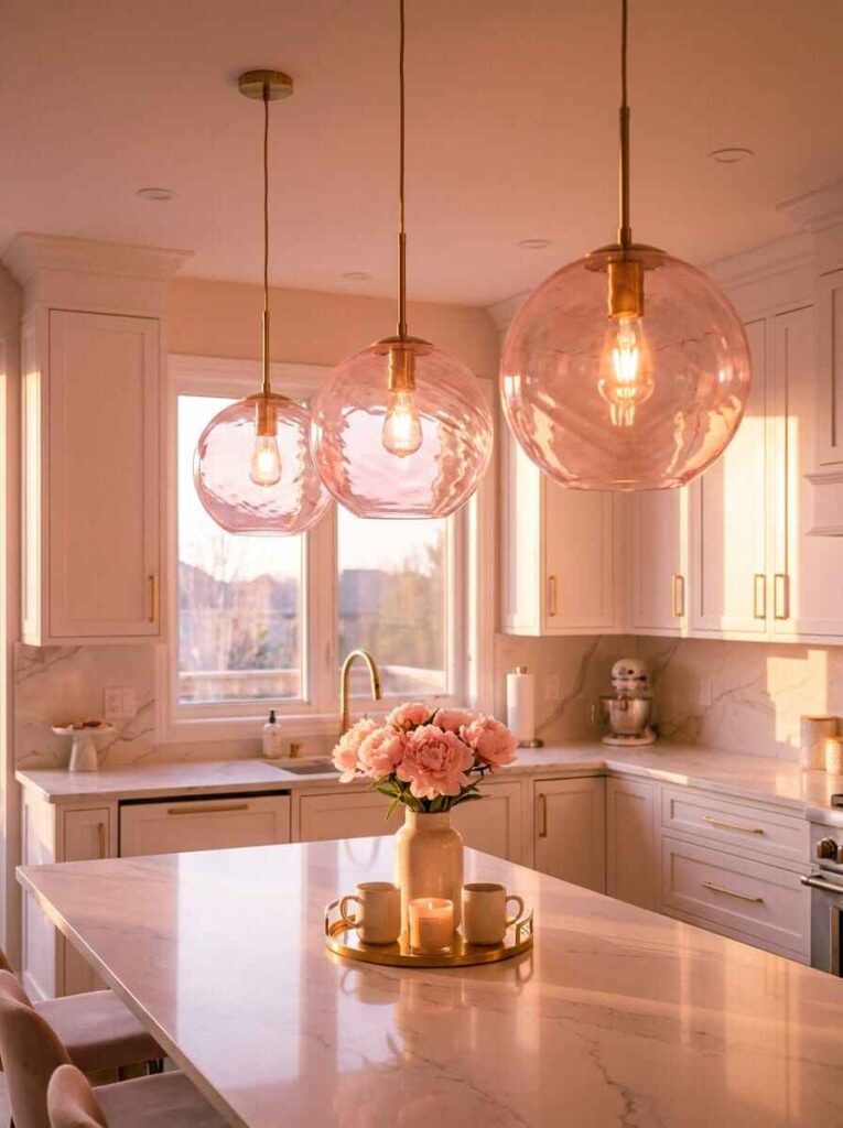 Three fluted pink glass globe pendant lights with brass hardware suspended over a white marble kitchen island.