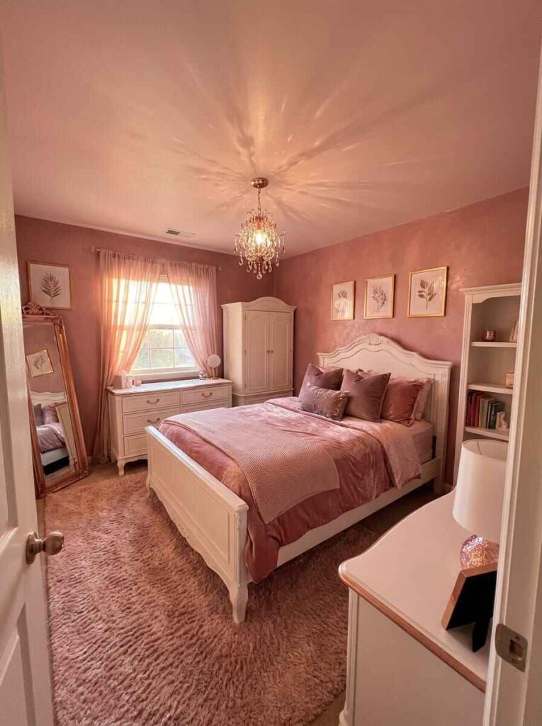 Elegant blush pink kids bedroom with white vintage curved headboard, plush rug, crystal chandelier, and sheer window curtains.