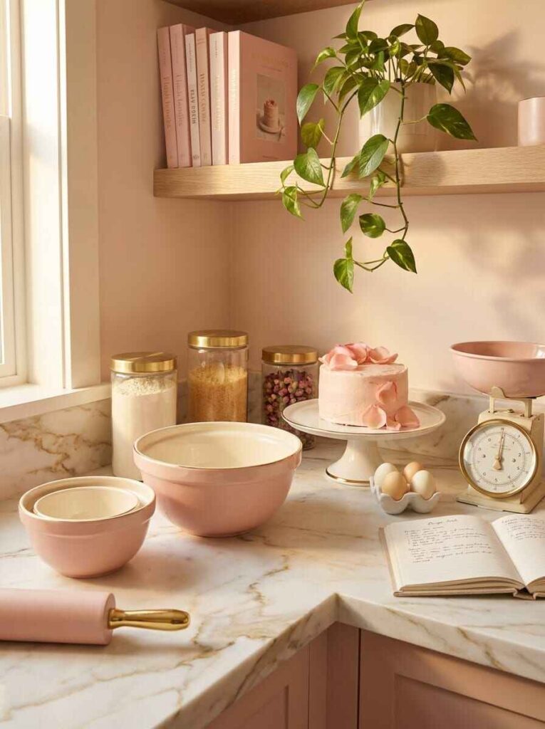 Cozy pink kitchen baking corner with pink ceramic mixing bowls, rolling pin, vintage scale, cake stand, and recipe books.
