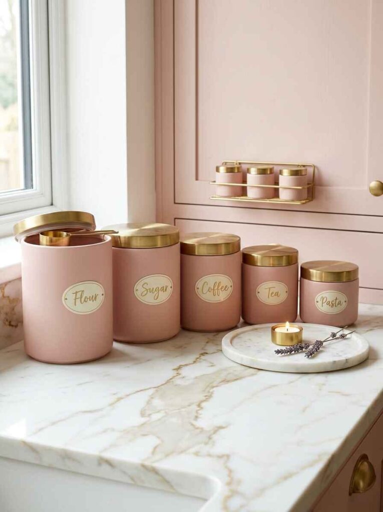 Blush pink ceramic kitchen canisters with brushed gold airtight lids labeled flour, sugar, and coffee on a marble countertop.