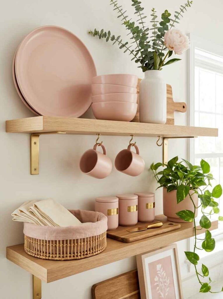 Natural oak floating kitchen shelves styled with pink plates, stacked bowls, matching mugs on hooks, and a trailing plant.