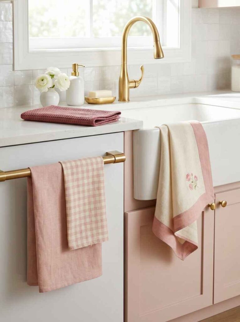 Soft pink and gingham tea towels hanging neatly on a brass rail beside a white apron farmhouse sink with gold faucet.