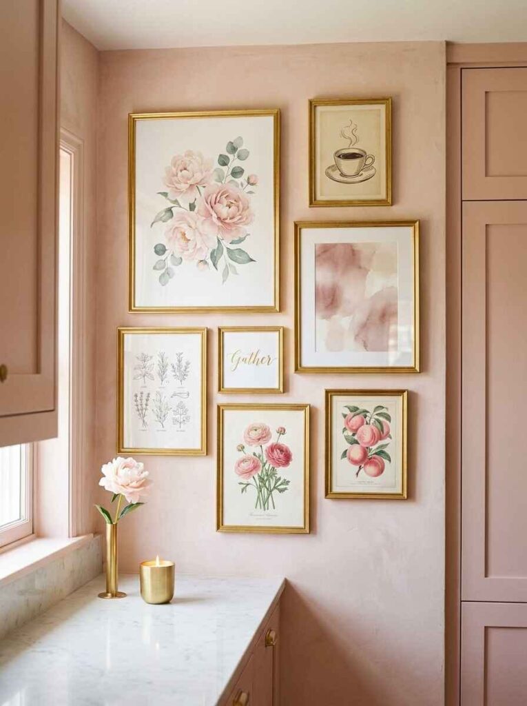 Elegant pink kitchen wall art gallery featuring gold-framed botanical floral prints and coffee artwork above a marble counter.