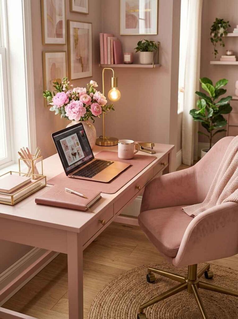 Soft blush pink writing desk by a window styled with a pink leather desk pad, gold task lamp, fresh floral bouquet, and round jute rug.