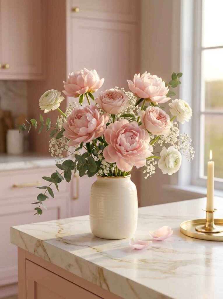 Fresh pink peonies and white ranunculus in a ceramic vase with gold rim centered on a marble kitchen island with candle.