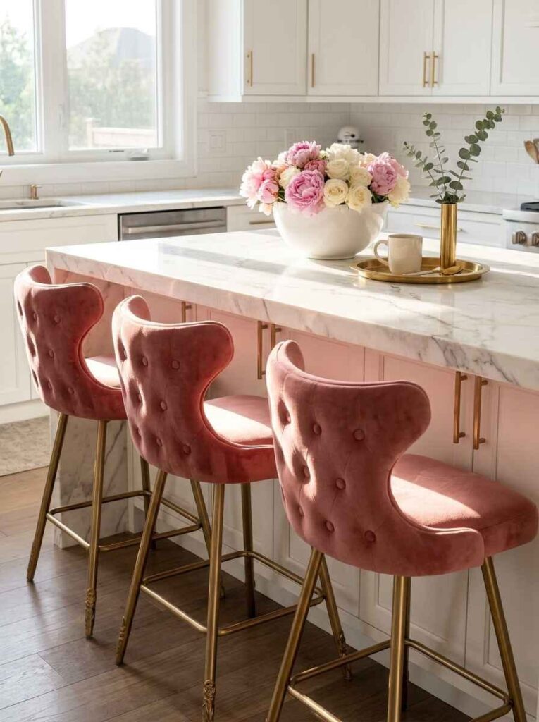 Elegant pink tufted velvet counter stools with brass legs positioned at a white marble kitchen island with peony bouquet.