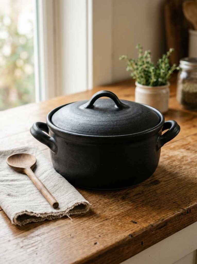 Round matte black ceramic casserole baking dish with side handles, fitted lid, and wooden spoon on a wooden kitchen surface.
