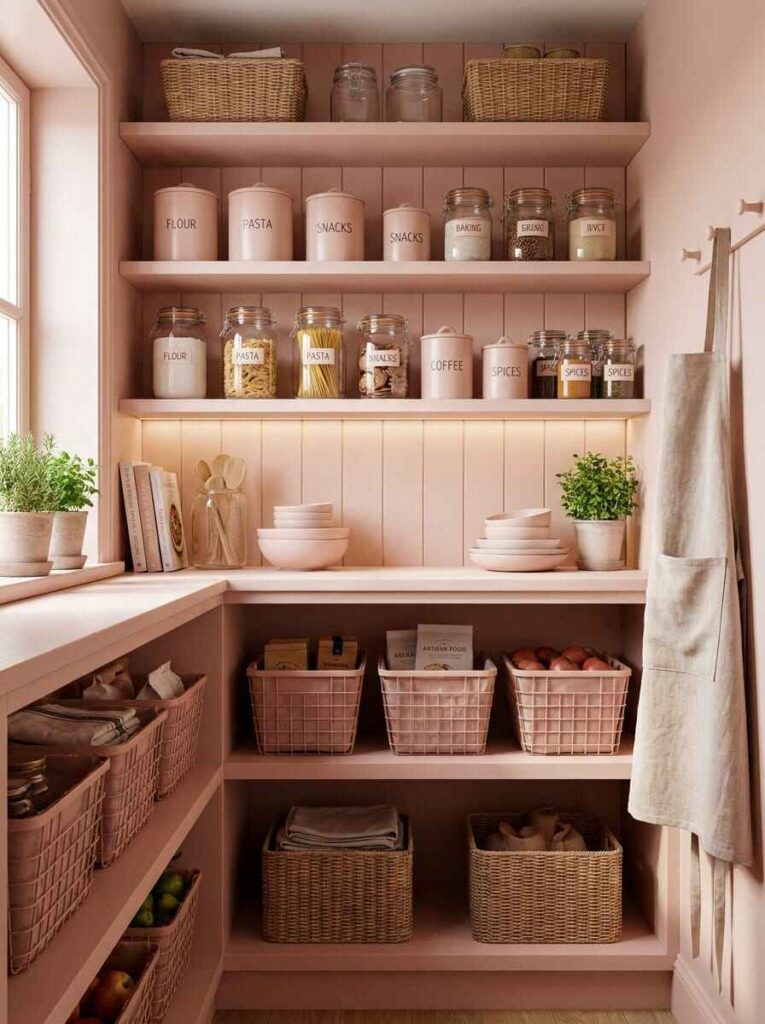 Organized kitchen pantry nook with uniform labeled jars, wire produce baskets, and ceramic canisters on lighted shelves.
