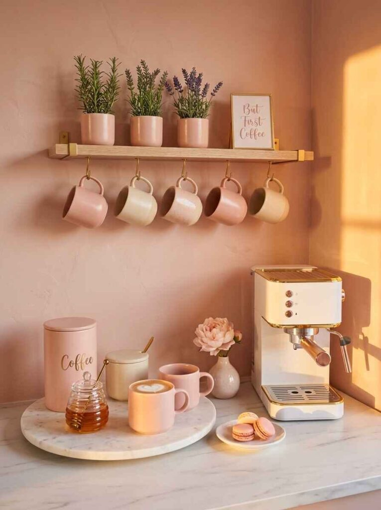 Cozy kitchen coffee station with pink mugs hanging on wooden shelf, white espresso machine, coffee canister, and macarons.