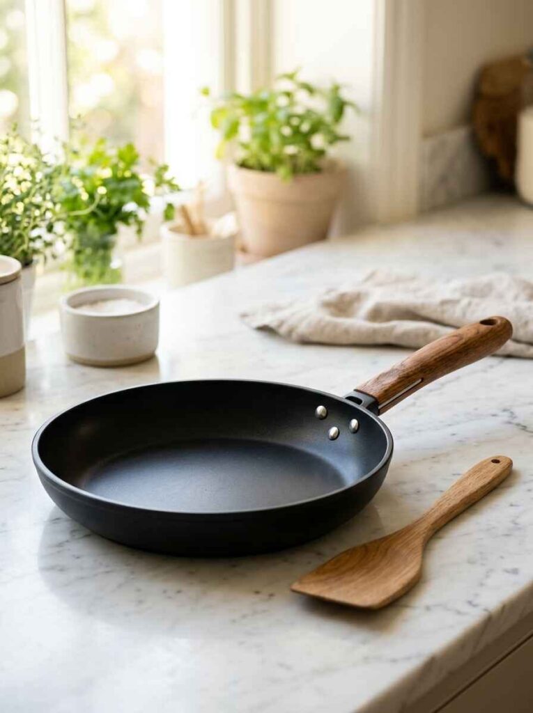 Nonstick frying pan skillet with an ergonomic wooden handle and wooden spatula on a marble kitchen countertop.