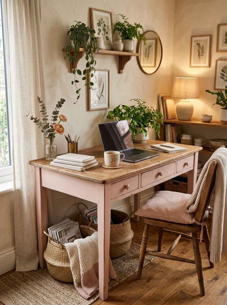 Rustic wooden office desk setup with vintage wooden chair, woven floor baskets, potted plants, and wall-mounted picture shelf.