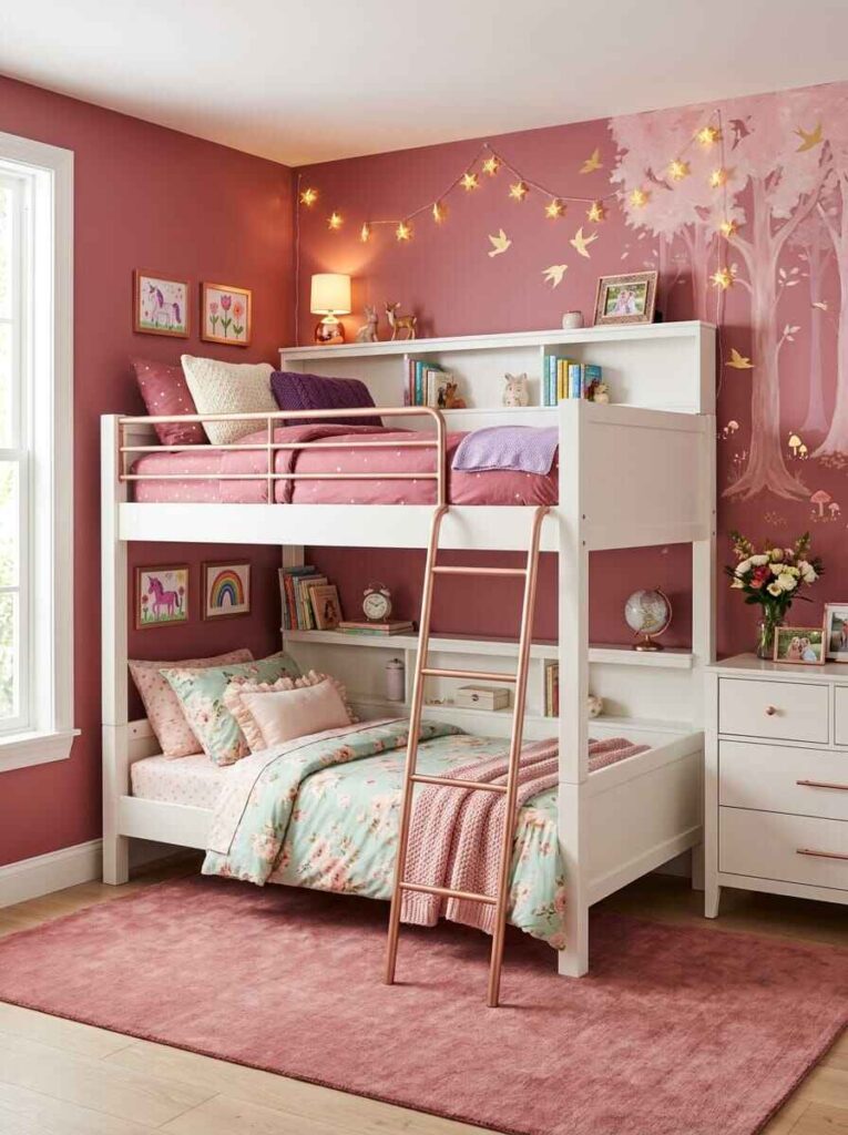 Shared kids bedroom featuring white wooden bunk beds with built-in storage shelves, star lights, and floral bedding.