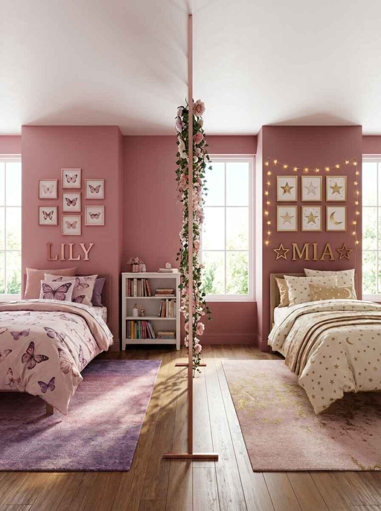 Shared girls bedroom with twin beds, floral room divider pole, personalized name signs, and themed butterfly and star gallery walls.