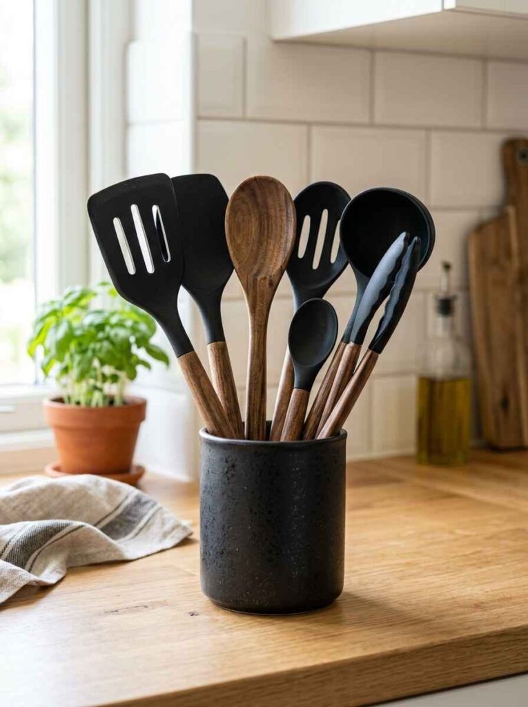 Complete heat-resistant black silicone kitchen utensil set with wooden handles displayed in a matte black ceramic crock.