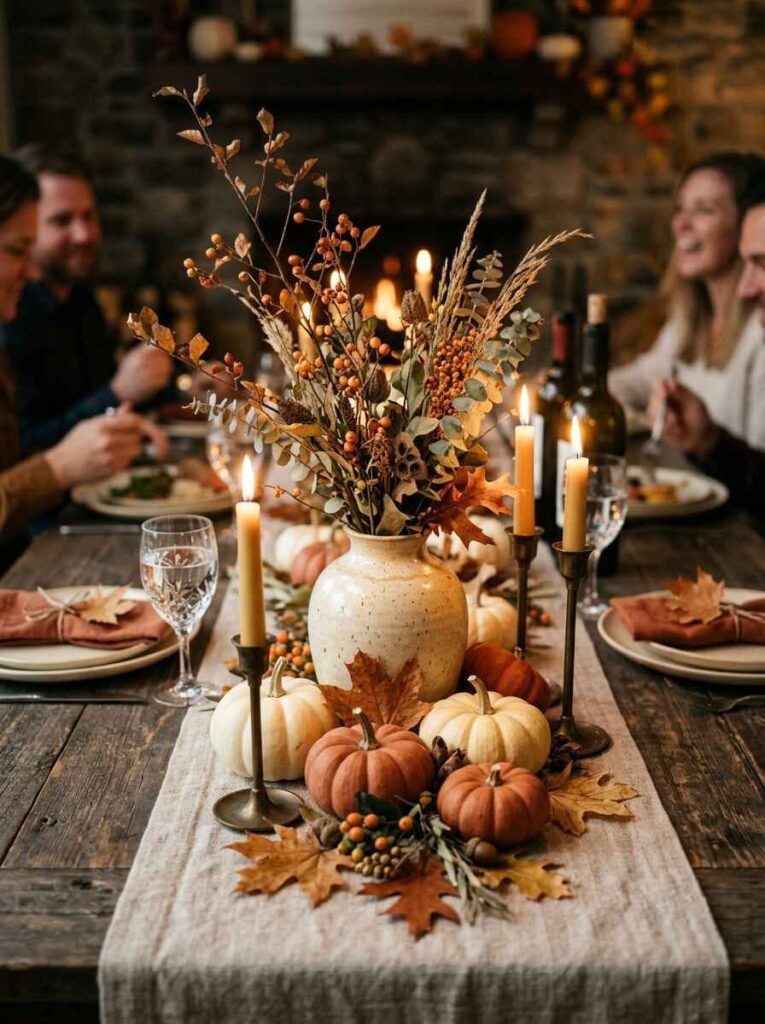 Simple fall centerpiece featuring a speckled ceramic vase with dried branches and berries, surrounded by white mini pumpkins and candles.