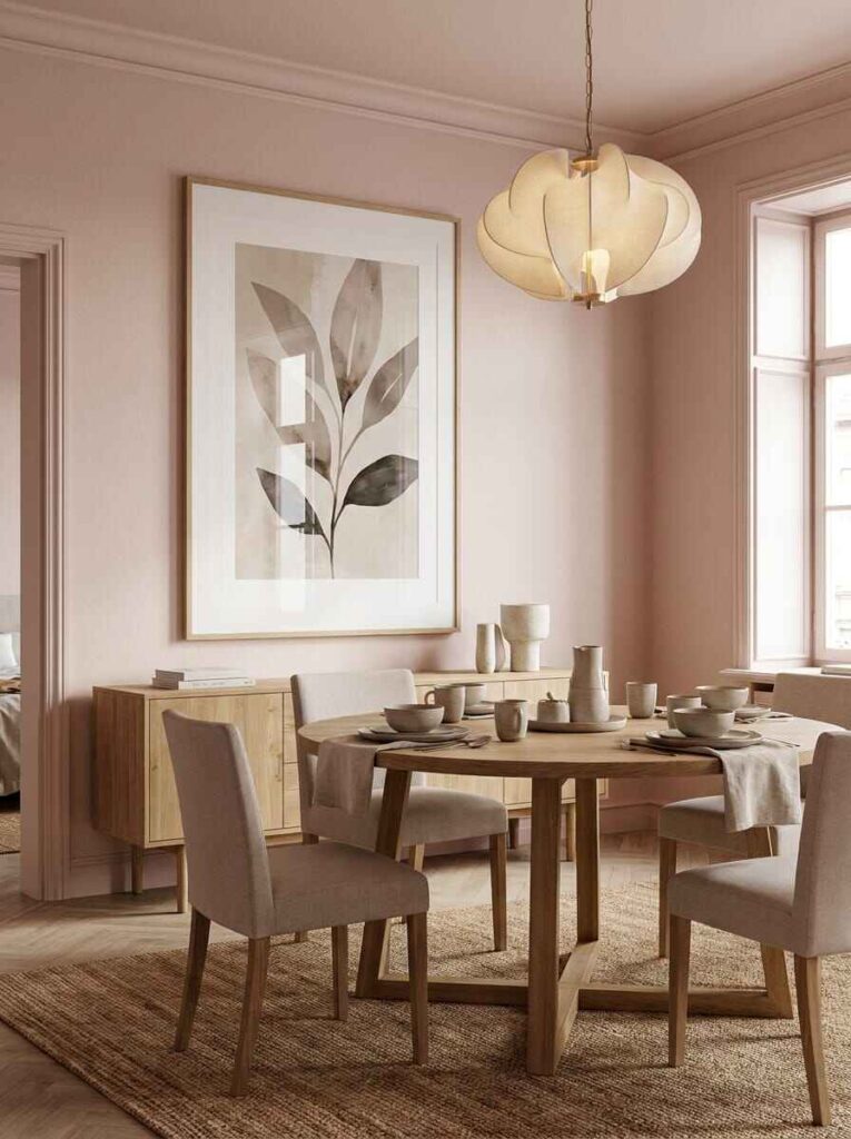 Minimalist dining room with round oak table, neutral chairs, and a single large framed watercolor botanical print on a blush wall.