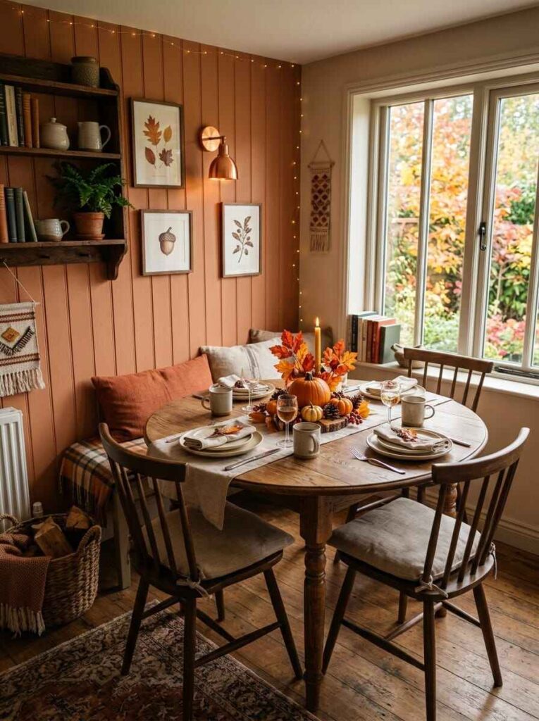 Small dining room breakfast nook with warm terracotta wall paneling, a round wooden pedestal table, and a built-in corner bench.