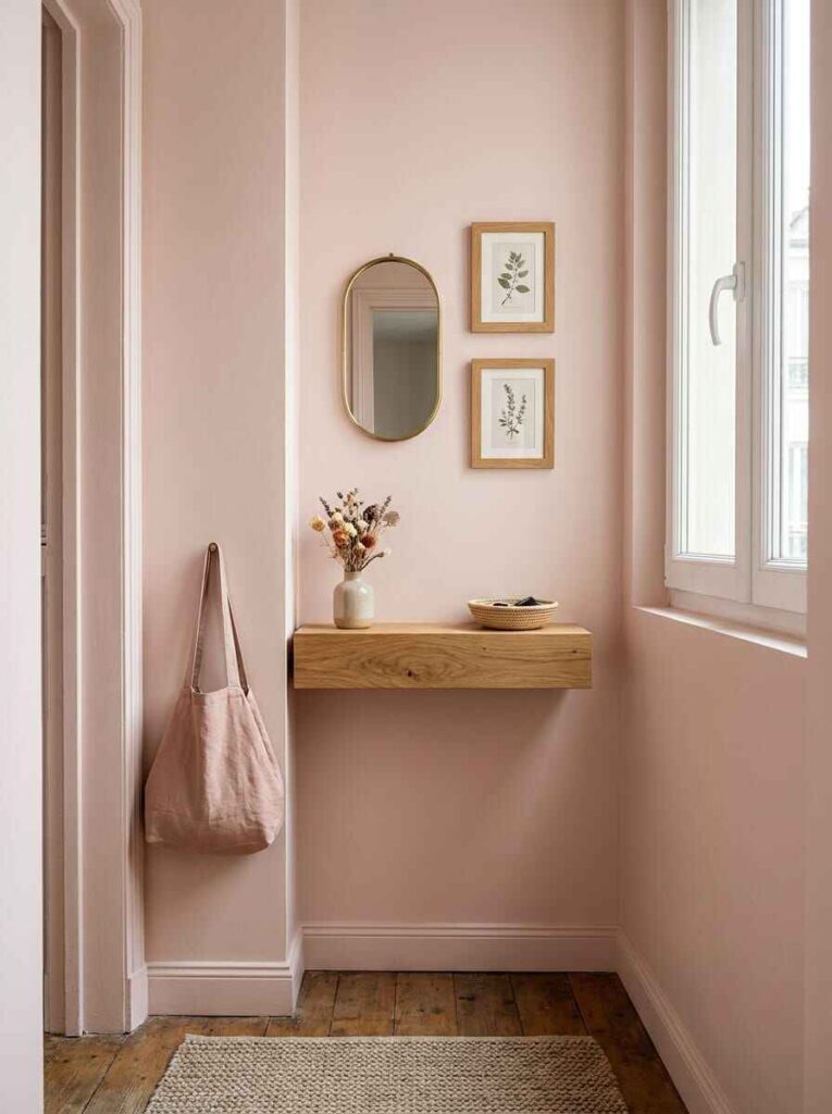 Narrow entryway nook with compact floating oak console, slim brass pill mirror, and framed botanical prints.