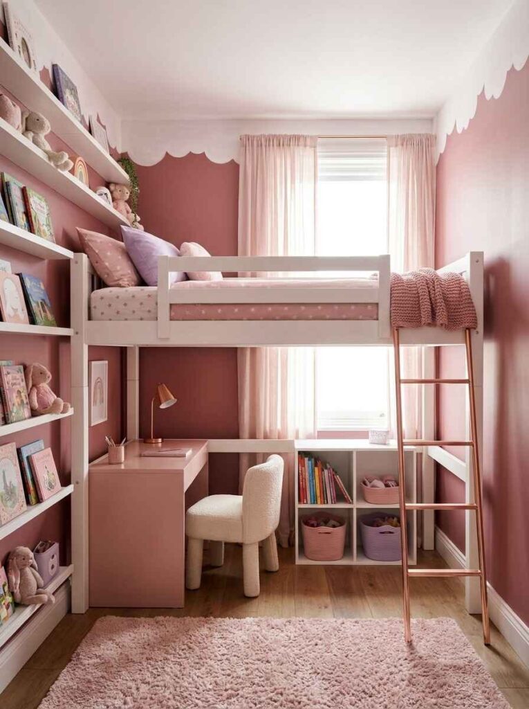 Compact kids bedroom with white loft bed, built-in study desk underneath, ladder, bookshelf wall, and scalloped wall paint.