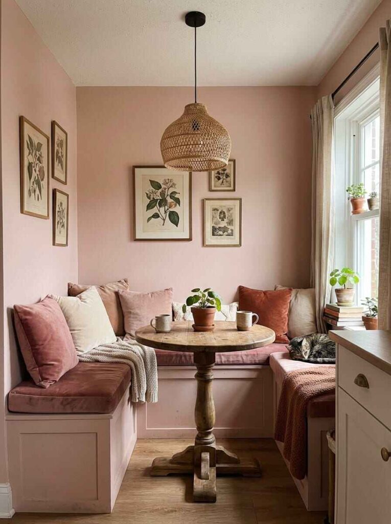 Small blush pink kitchen breakfast nook featuring an L-shaped corner banquette, round wooden pedestal table, and woven pendant light.