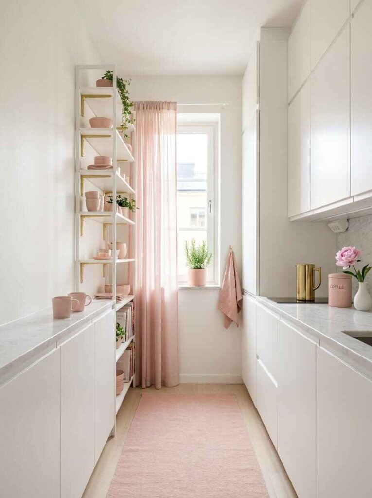 Narrow white galley apartment kitchen styled with a soft pink runner rug, open white shelving, and pink ceramic mugs.
