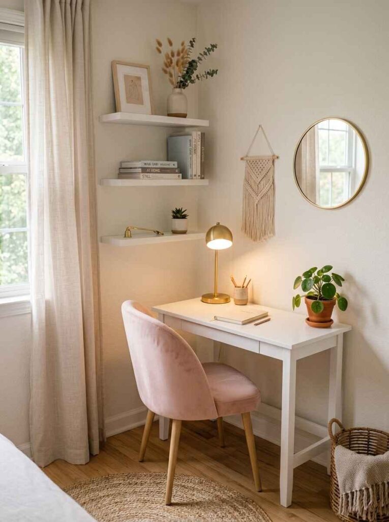 Compact white office desk tucked in a bedroom corner with floating wall shelves, round mirror, and pink velvet chair.