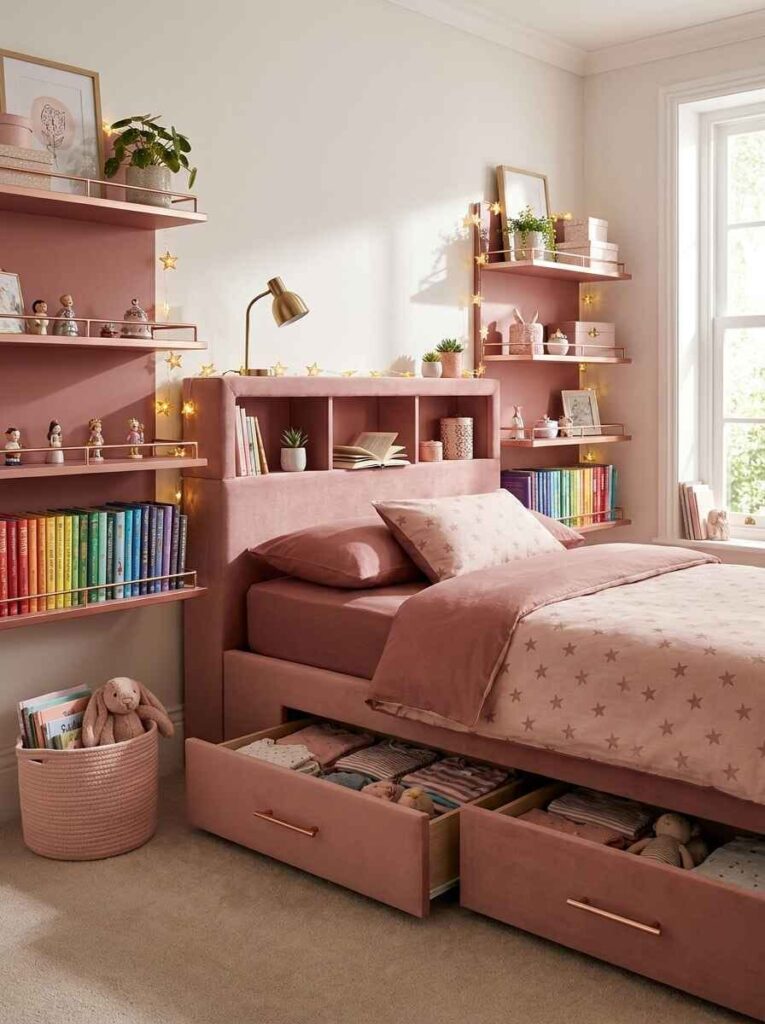 Pink upholstered kids bed featuring large pull-out under-bed storage drawers, matching bookshelf headboard, and wall display ledges.