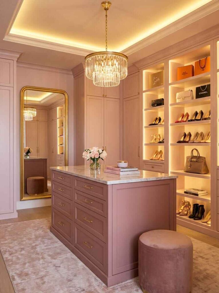 Soft blush and warm cream walk-in closet with gold arched mirror, crystal chandelier, marble island, and backlit shoe cubbies.