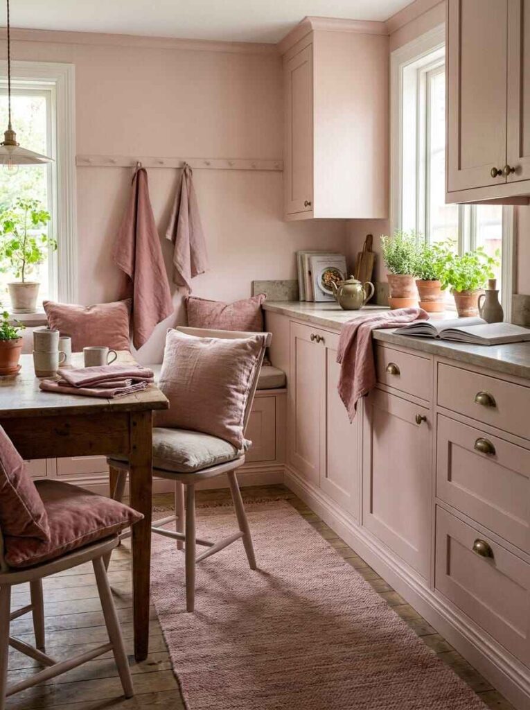 Blush pink cottage kitchen with matching linen tea towels hanging from a peg rail, soft seat cushions, and a flat-weave runner rug.