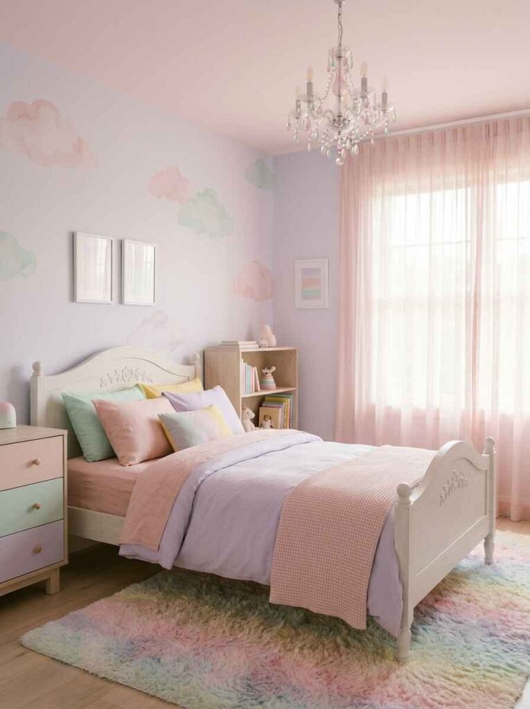 Soft pastel kids bedroom ideas with painted cloud walls, crystal chandelier, rainbow rug, and gentle mint and pink bedding.