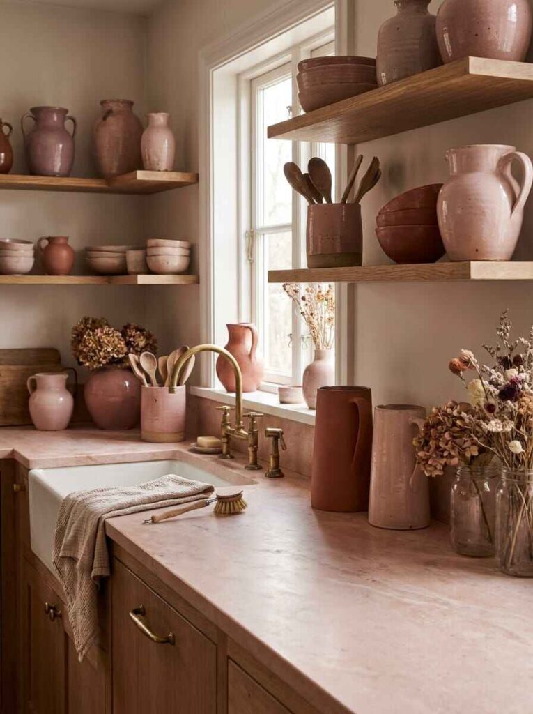 Handcrafted terracotta and pink ceramic pitchers, bowls, and wooden spoons styled across natural oak open kitchen shelves.