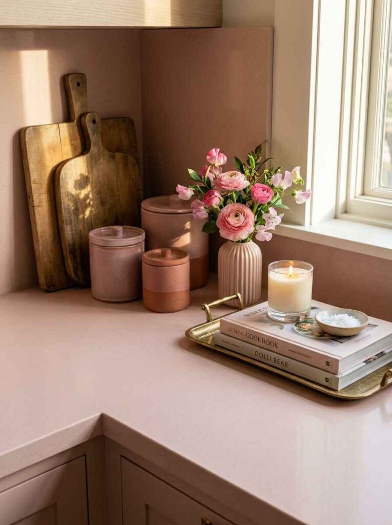 Soft pink kitchen countertop styled with layered wooden cutting boards, pink ceramic canisters, a fluted vase with ranunculus, and candle tray.
