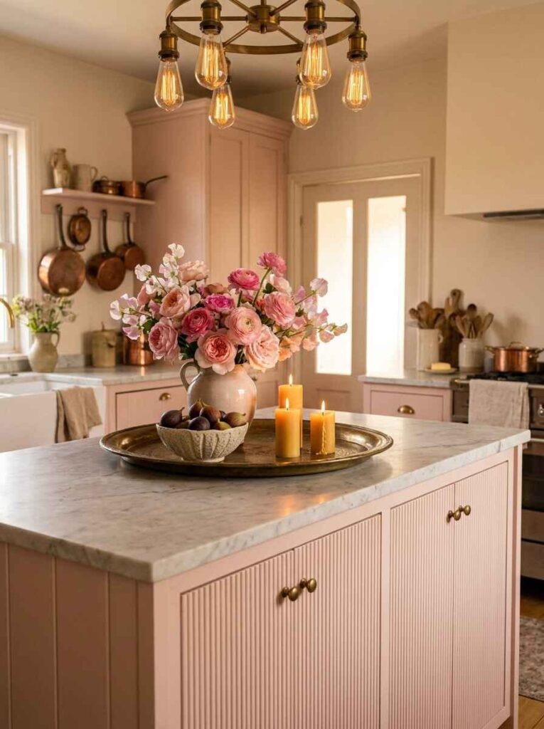 Fluted pink kitchen island with marble top styled with a large brass decorative tray, fresh pink ranunculus, and warm pillar candles.