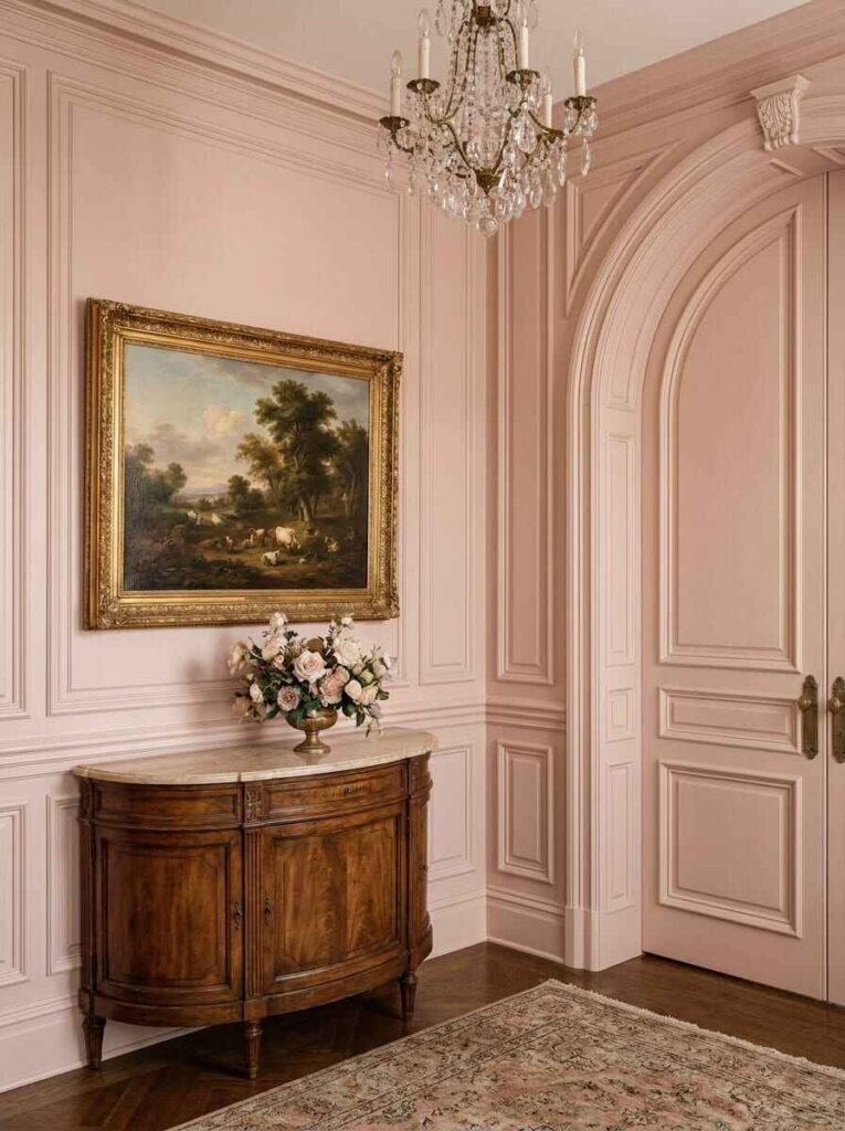 Traditional entryway with elegant wall panel molding, an antique gold framed landscape oil painting, and demi-lune wood console.