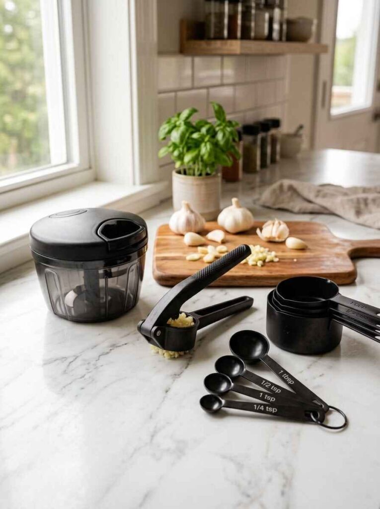 Practical everyday kitchen gadgets including a manual mini vegetable chopper, garlic press, and black measuring spoons on a marble counter.