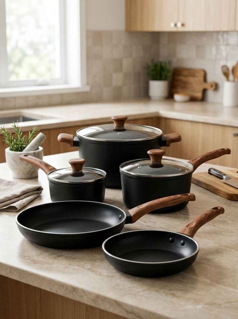Complete nonstick pots and pans cookware set with stay-cool wood handles on a kitchen island counter. (cookware essentials)