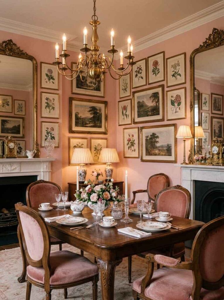 Traditional vintage dining room featuring twin antique gilded floor mirrors, classic brass chandelier, and traditional landscape prints.