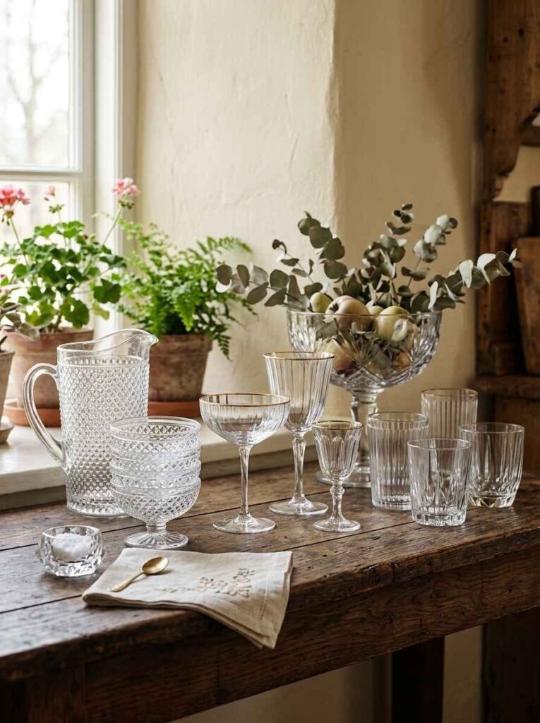 Vintage-inspired pressed glass drinkware collection featuring a textured pitcher, stemmed goblets, and ribbed tumblers on a wooden table.