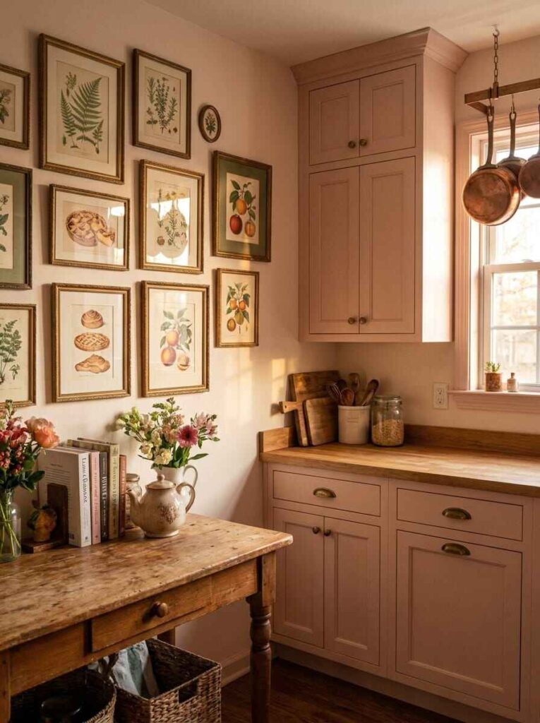 Cozy pink kitchen corner with a wood table, painted cabinets, and a gallery wall of framed food and fruit botanical prints.